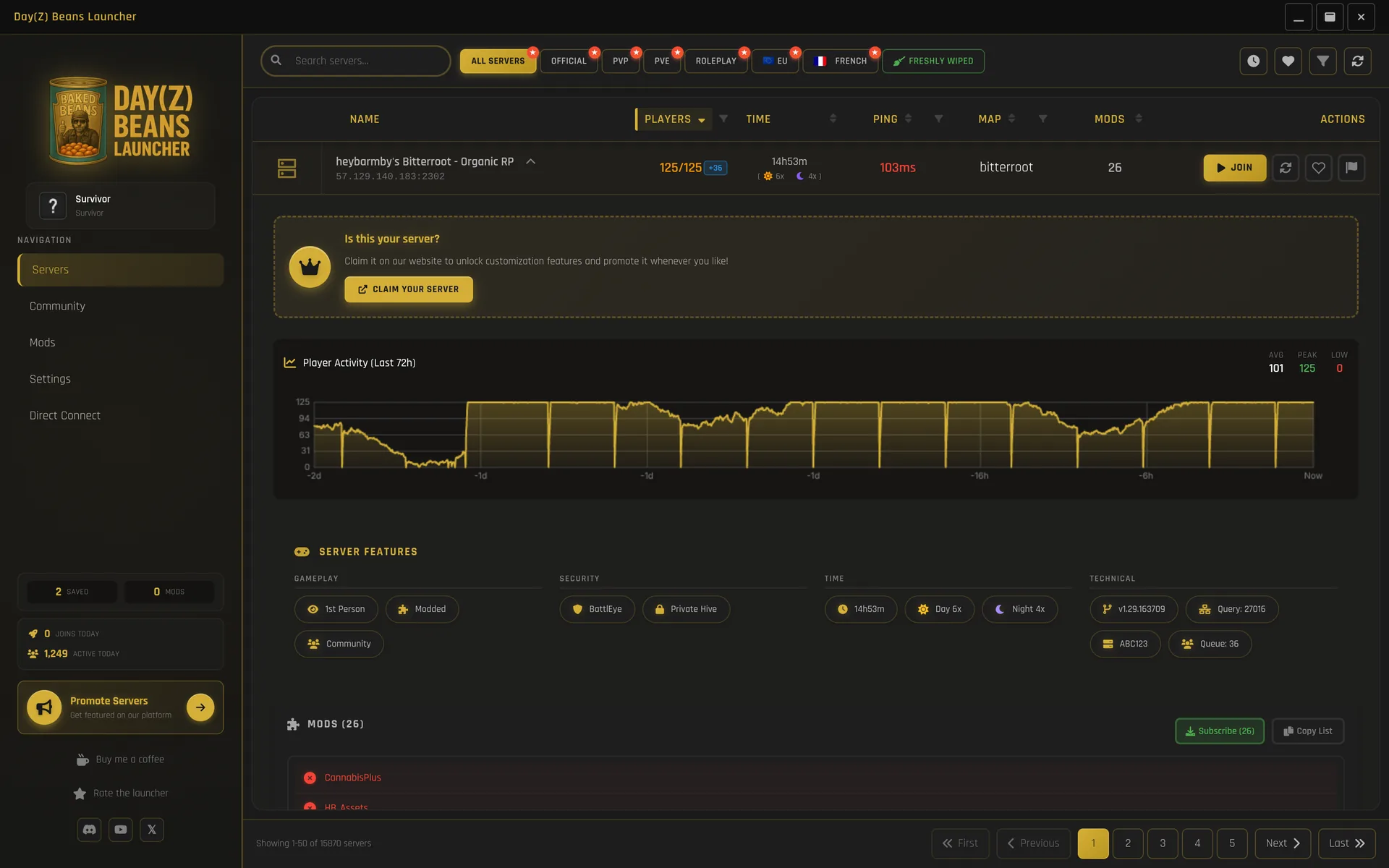 Expanded server detail view in the launcher